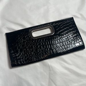Vintage crocodile embossed black patent faux leather rectagular clutch